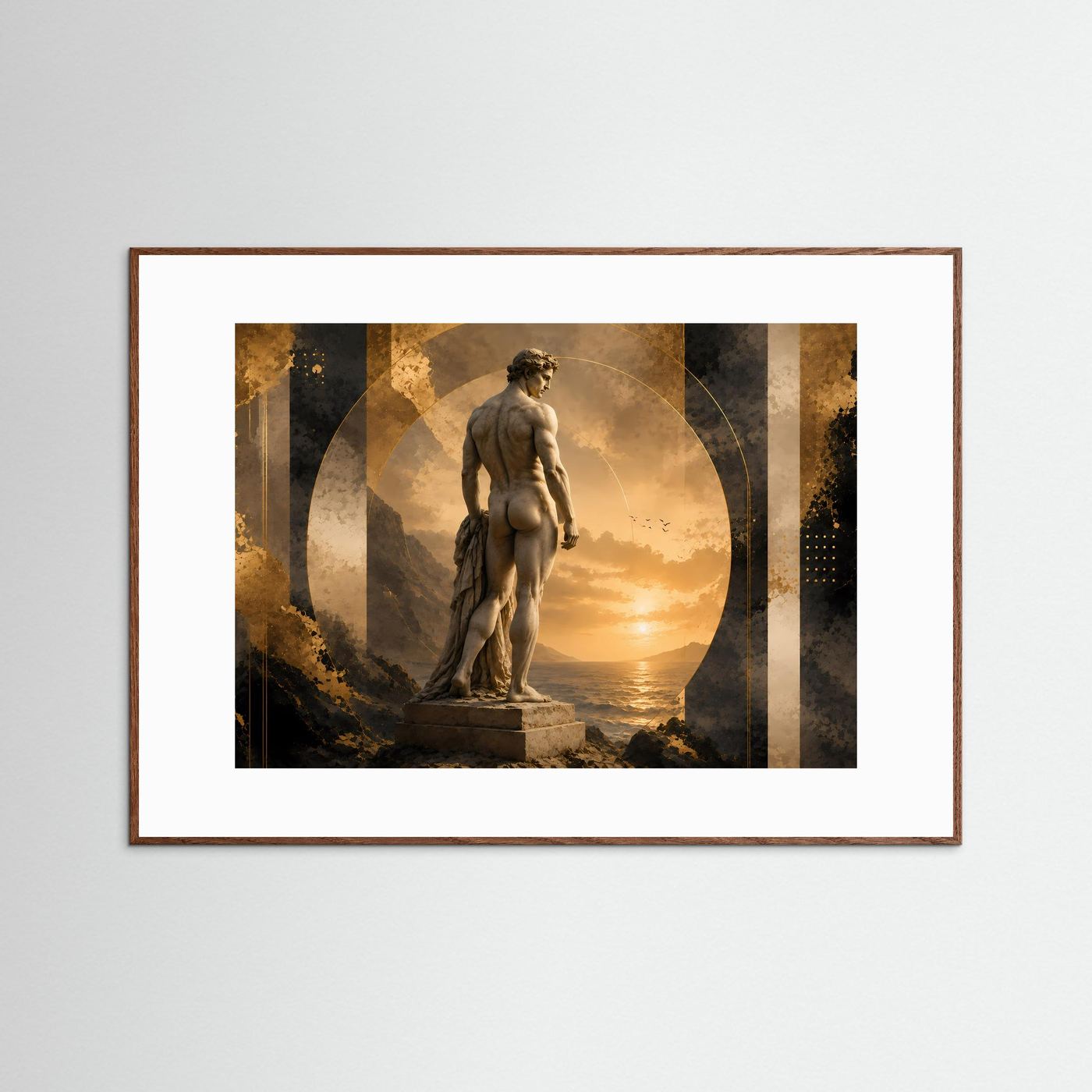 Gerahmter Poster mit antiker Männerstatue in Gold und Schwarz, Querformat, dunkles Holz