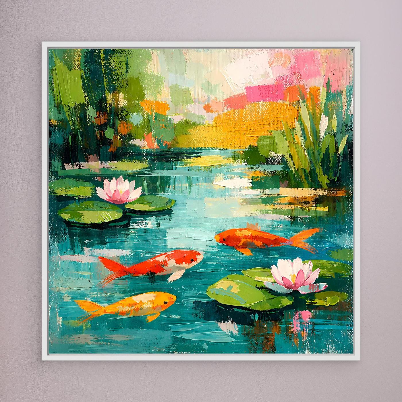White-framed koi pond wall art with lily pads, pink lotus flowers, and orange koi fish.