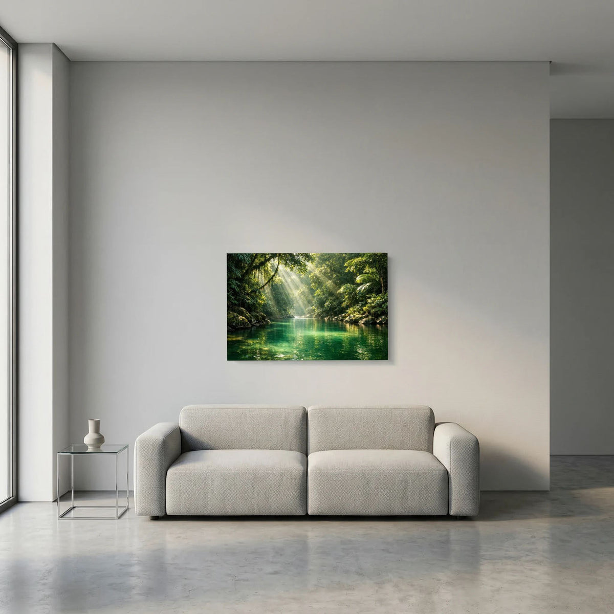 Kleines Querformat-Poster mit Dschungel-Flusslandschaft und Sonnenstrahlen