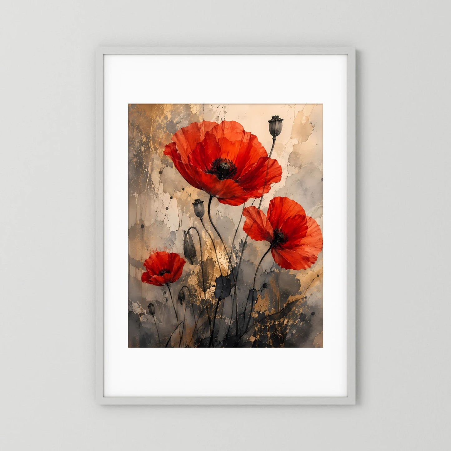 Abstraktes Mohnblumen-Poster mit roten Blüten auf beigem Hintergrund, weiß gerahmt, hochformatig