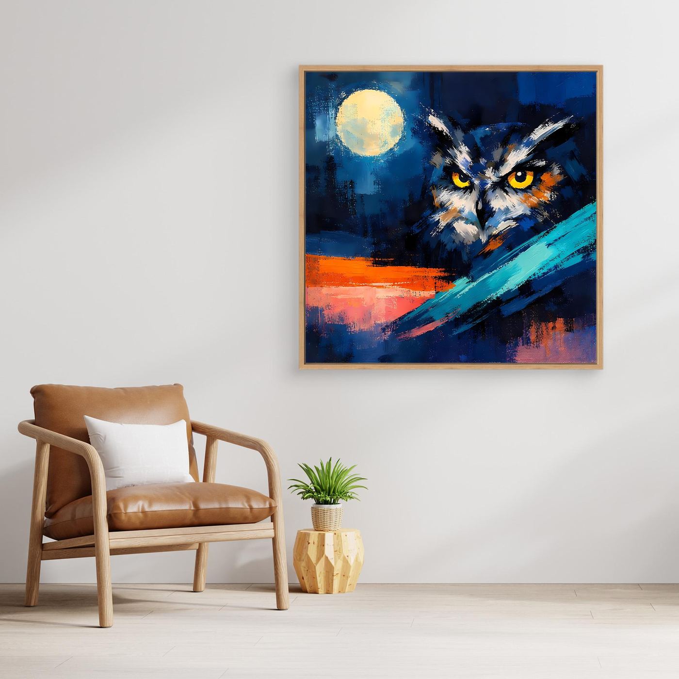 Premium Leinwand Mystische Eule bei Vollmond | Abstraktes Kunst Poster Modernes Nacht Wandbild