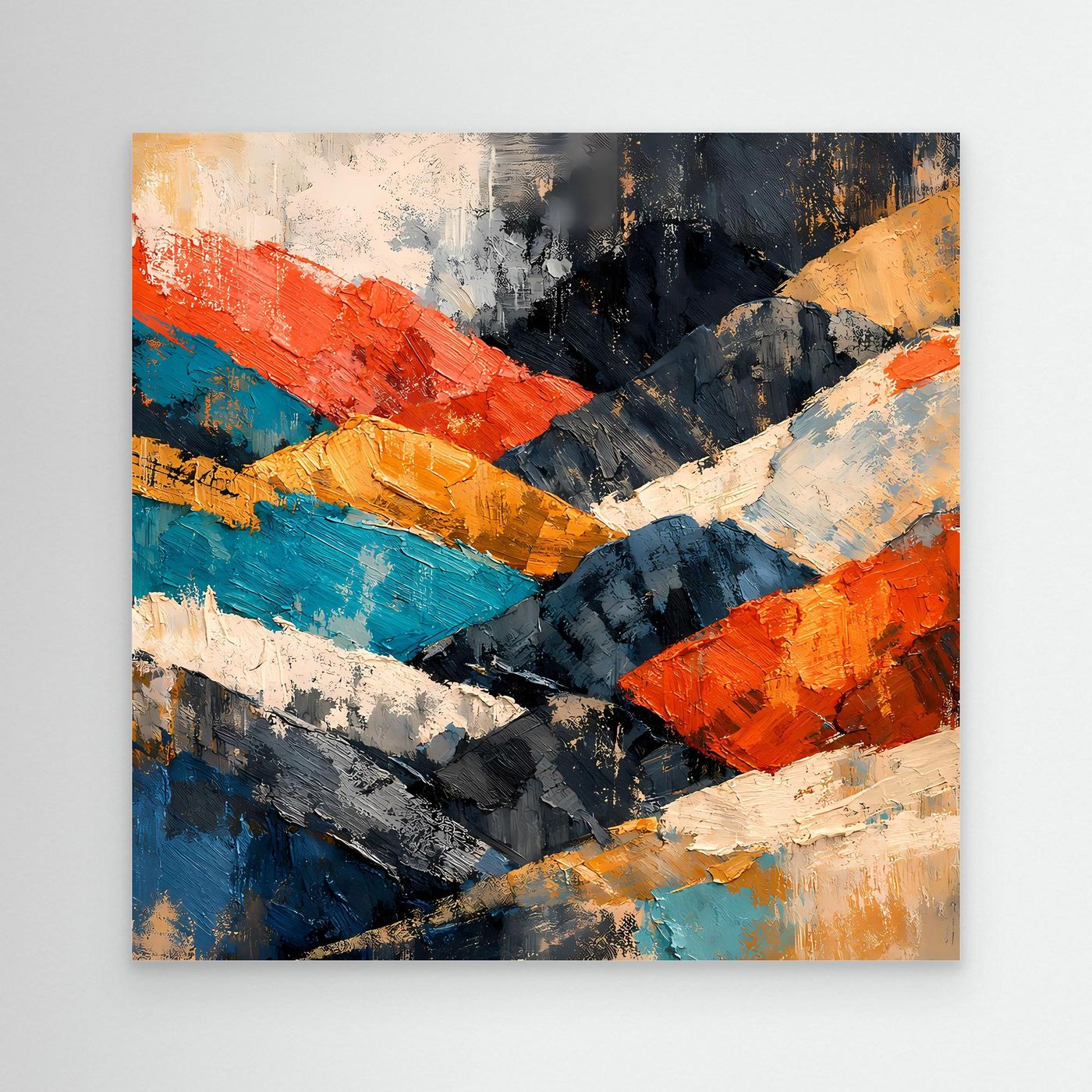 Abstraktes Berglandschaft-Wandbild ohne Rahmen mit farbigen Pinselstrichen in Blau, Orange und Weiß.
