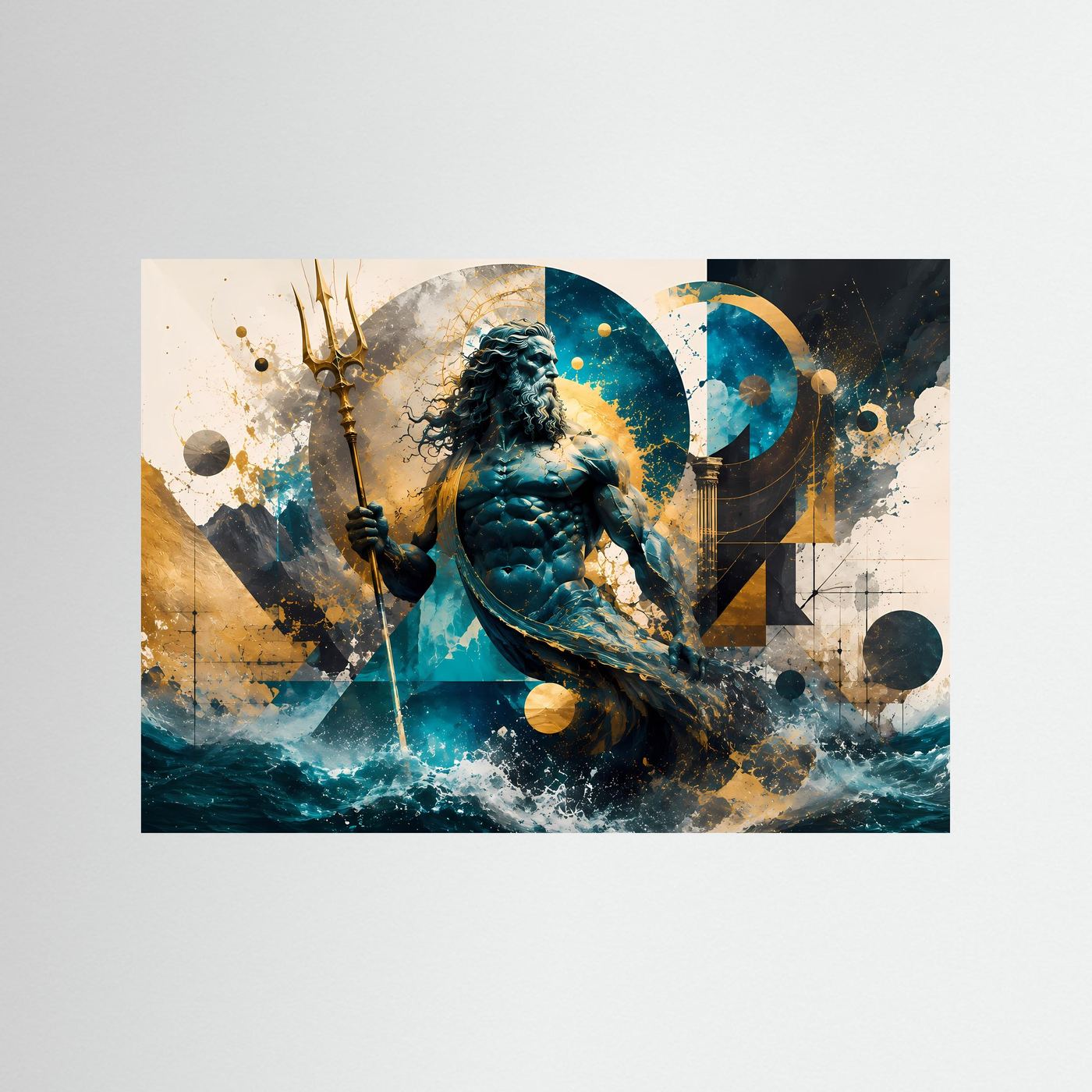 Poseidon Poster | Abstrakte Griechische Mythologie Wandkunst | Meeresgott mit Dreizack | Moderne Leinwand | Geometrische Fantasy Kunst