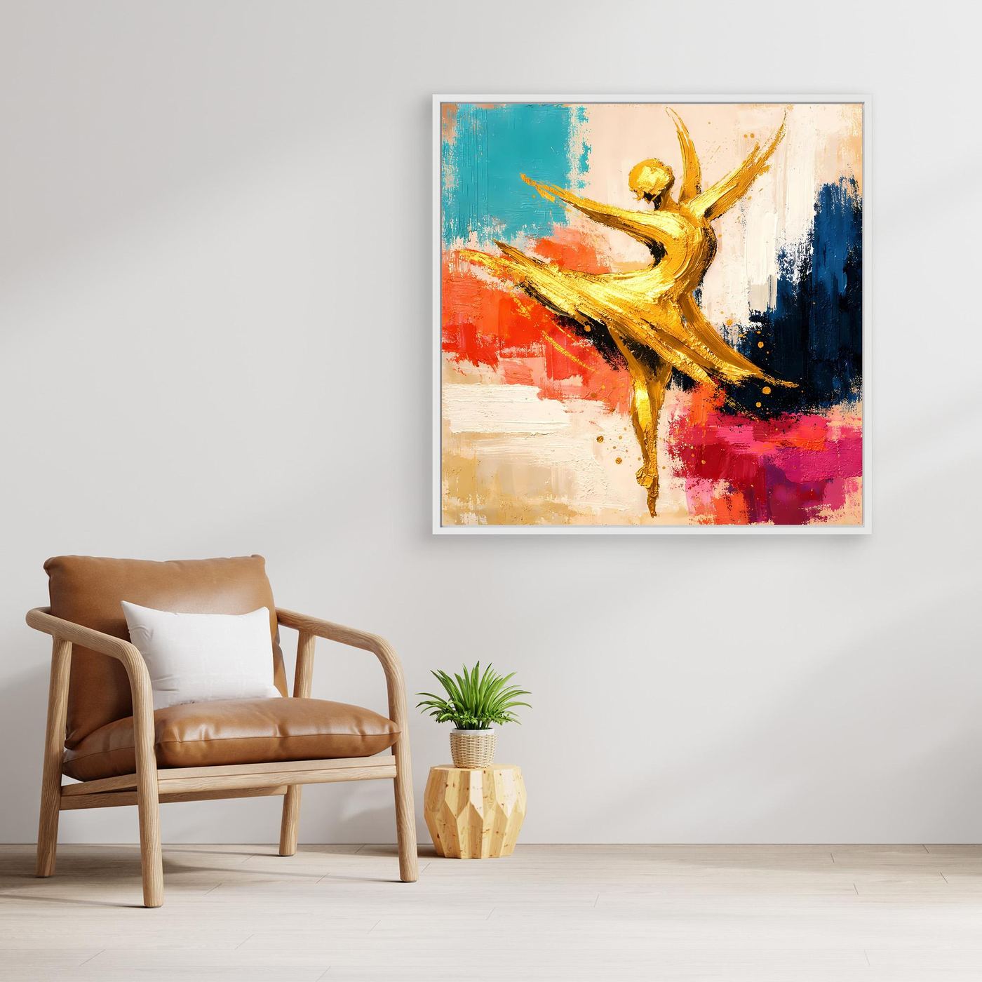 Abstraktes Leinwand-Wandbild mit goldener Ballerina, türkis, rot und blau, weißer Rahmen
