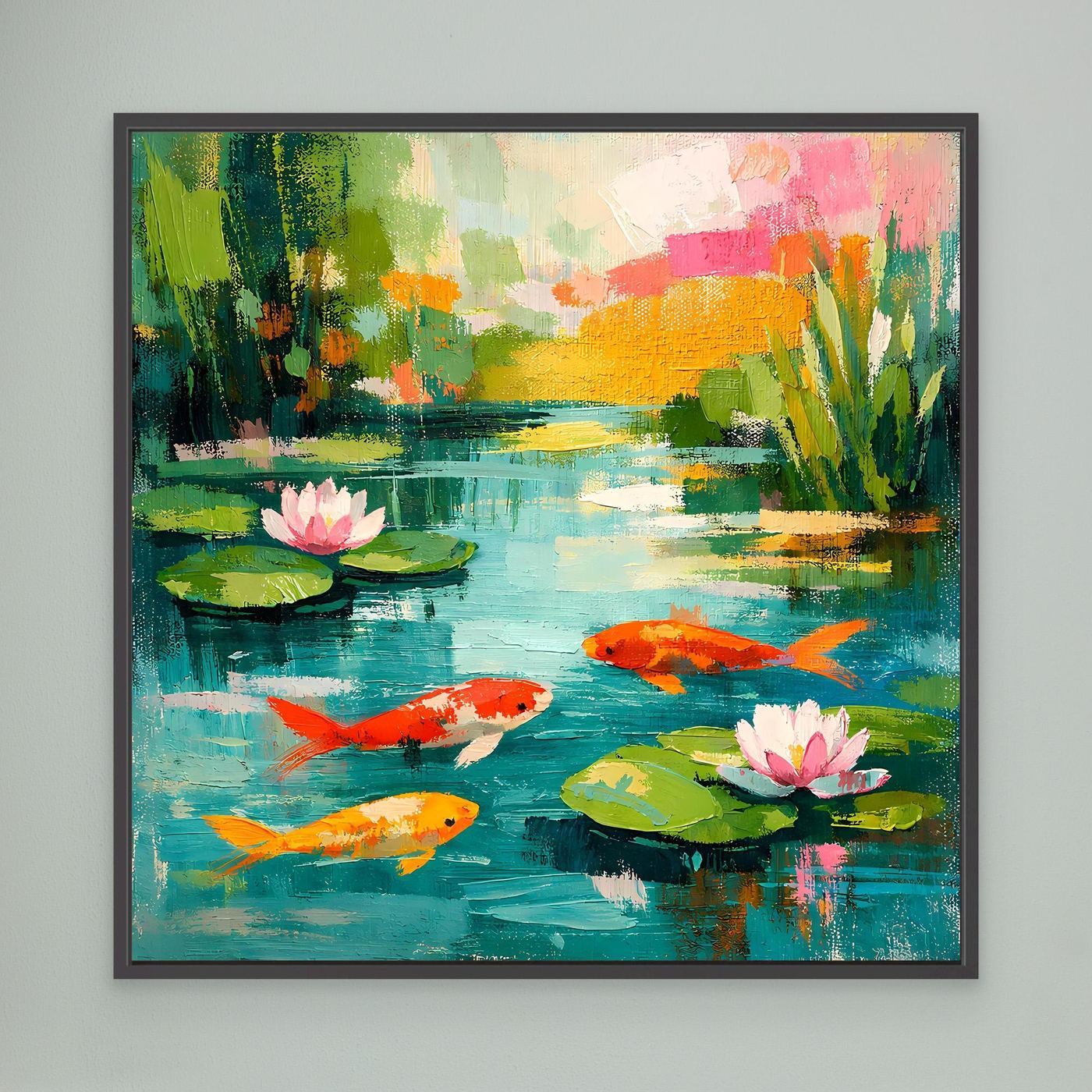 Framed koi pond wall art with lily pads, pink lotus flowers, and orange koi fish.