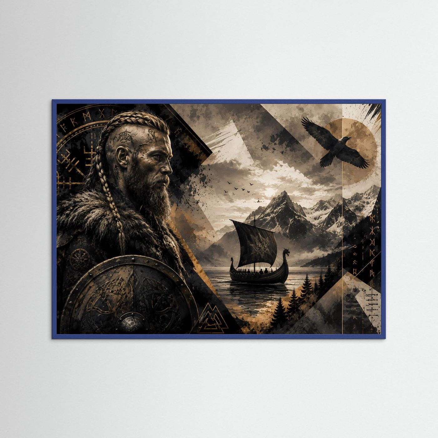 Poster mit Wikinger-Krieger, Langschiff und Rabenmotiv in blauem Rahmen