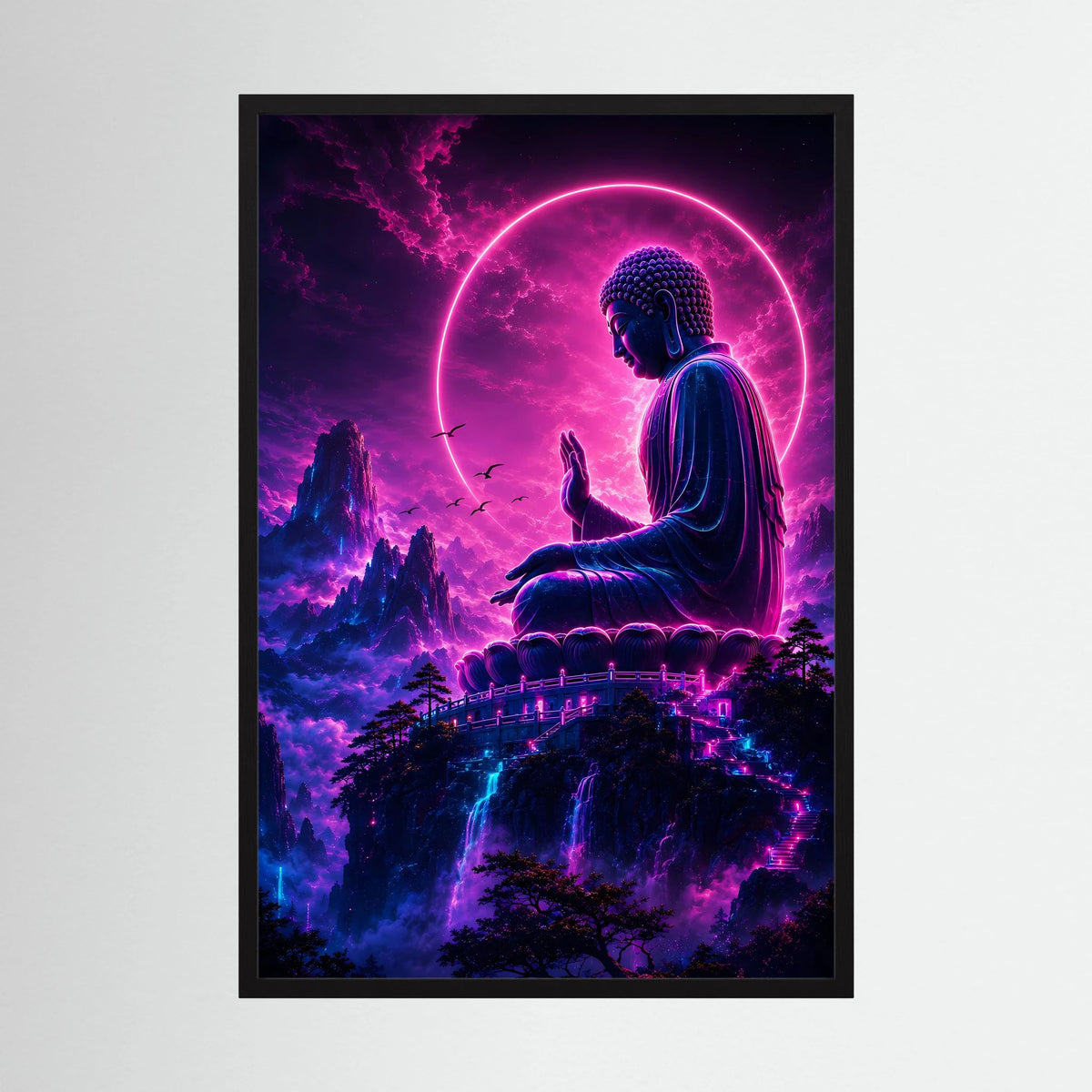 Neon-Buddha-Poster im schwarzen Holzrahmen, sitzender Buddha mit leuchtendem Kreis
