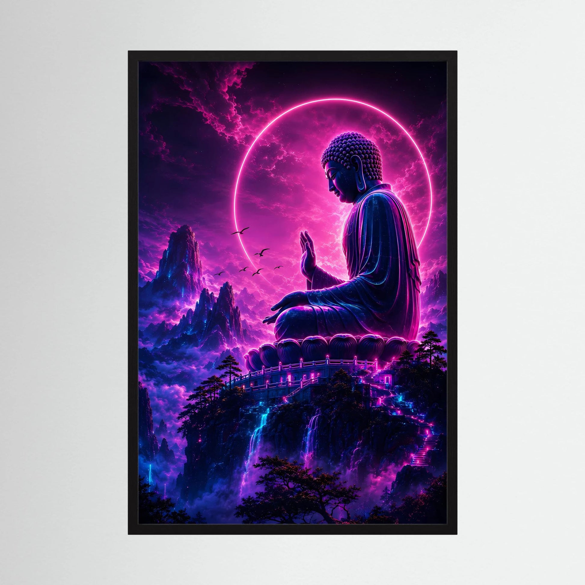 Neon-Buddha-Poster im schwarzen Holzrahmen, sitzender Buddha mit leuchtendem Kreis