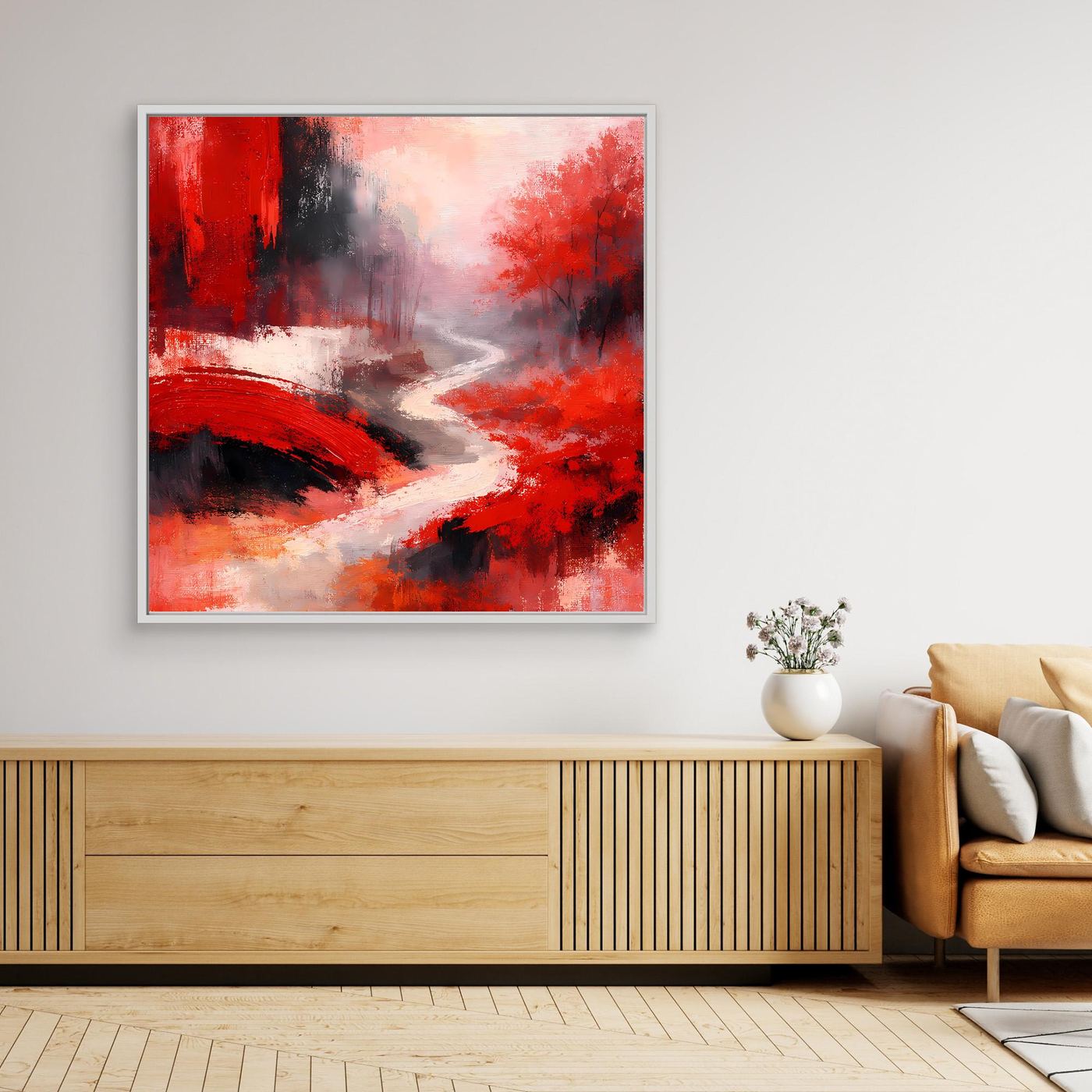 Leinwand Traditionelle Rote Brücke am Fluss | Japanisches Natur Wandbild