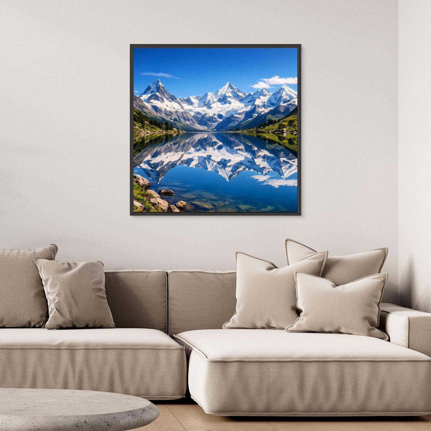 Gerahmtes Leinwandbild: Bergsee-Spiegelung vor schneebedeckten Alpen, Blau-Grün