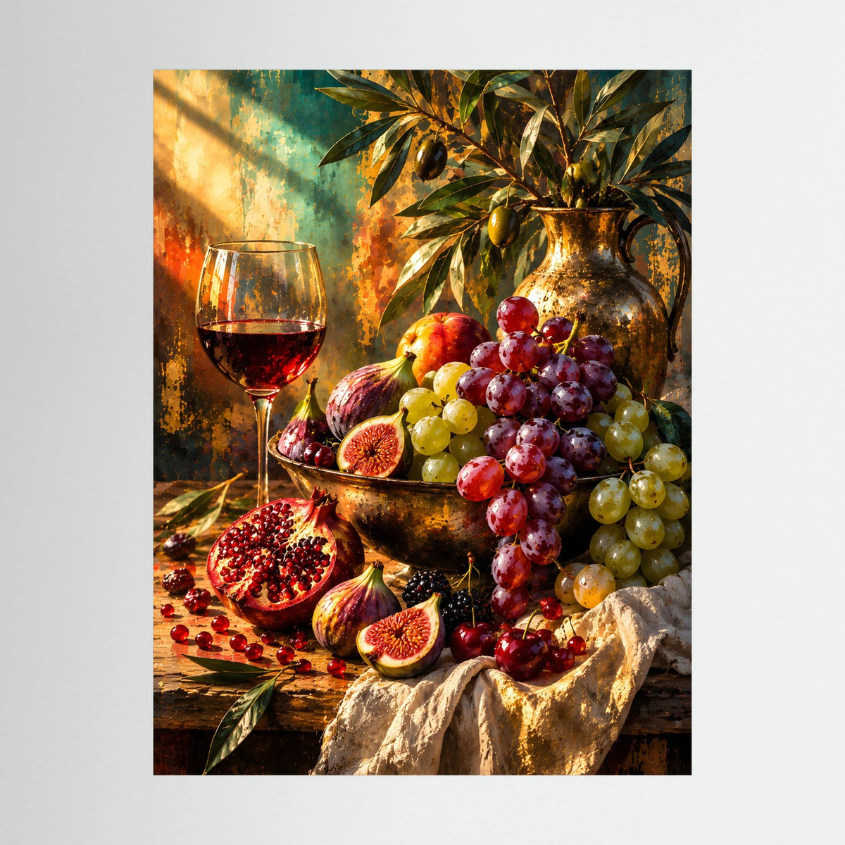 Hochformatiges Poster: Wein im Glas, Trauben und Feigen als Stillleben