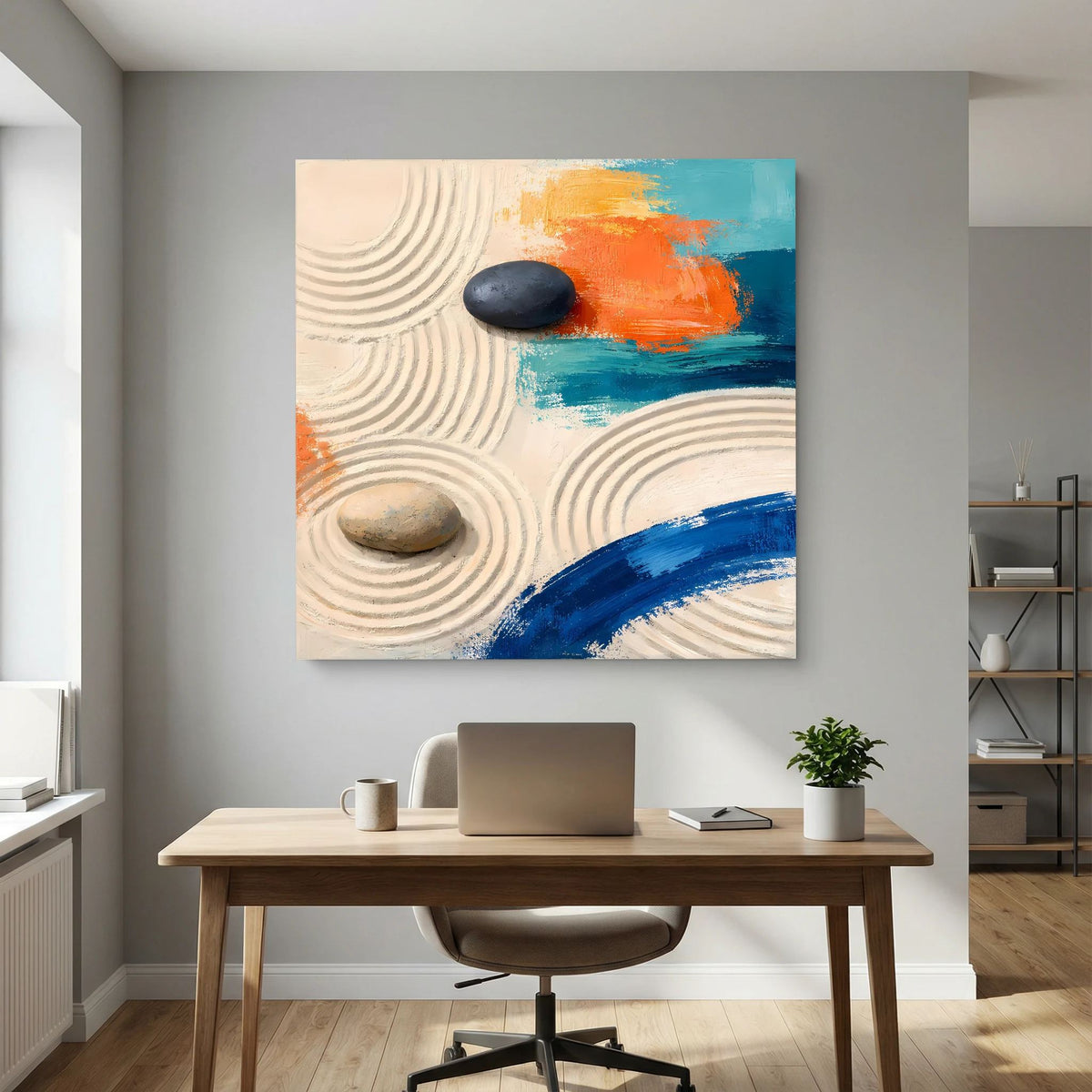 Leinwandbild mit Reliefwellen, schwarzem Stein und orange-teal/blauem Pinselstrich