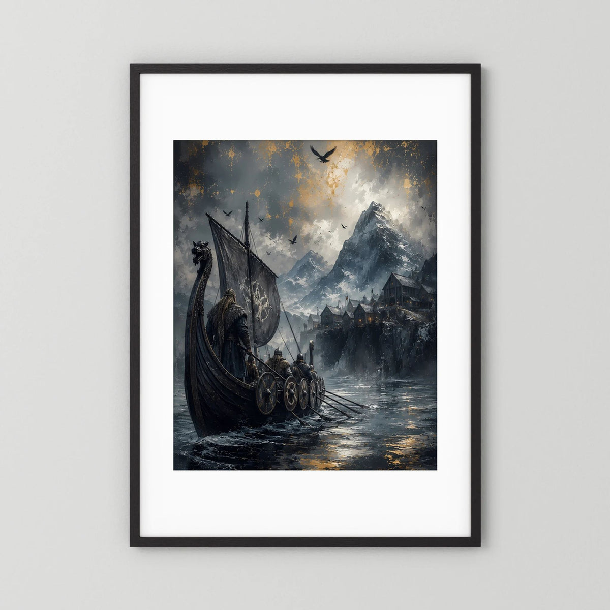 Poster mit schwarzem Außenrahmen und weißem Rand, Dracheboot auf dunklem Wasser