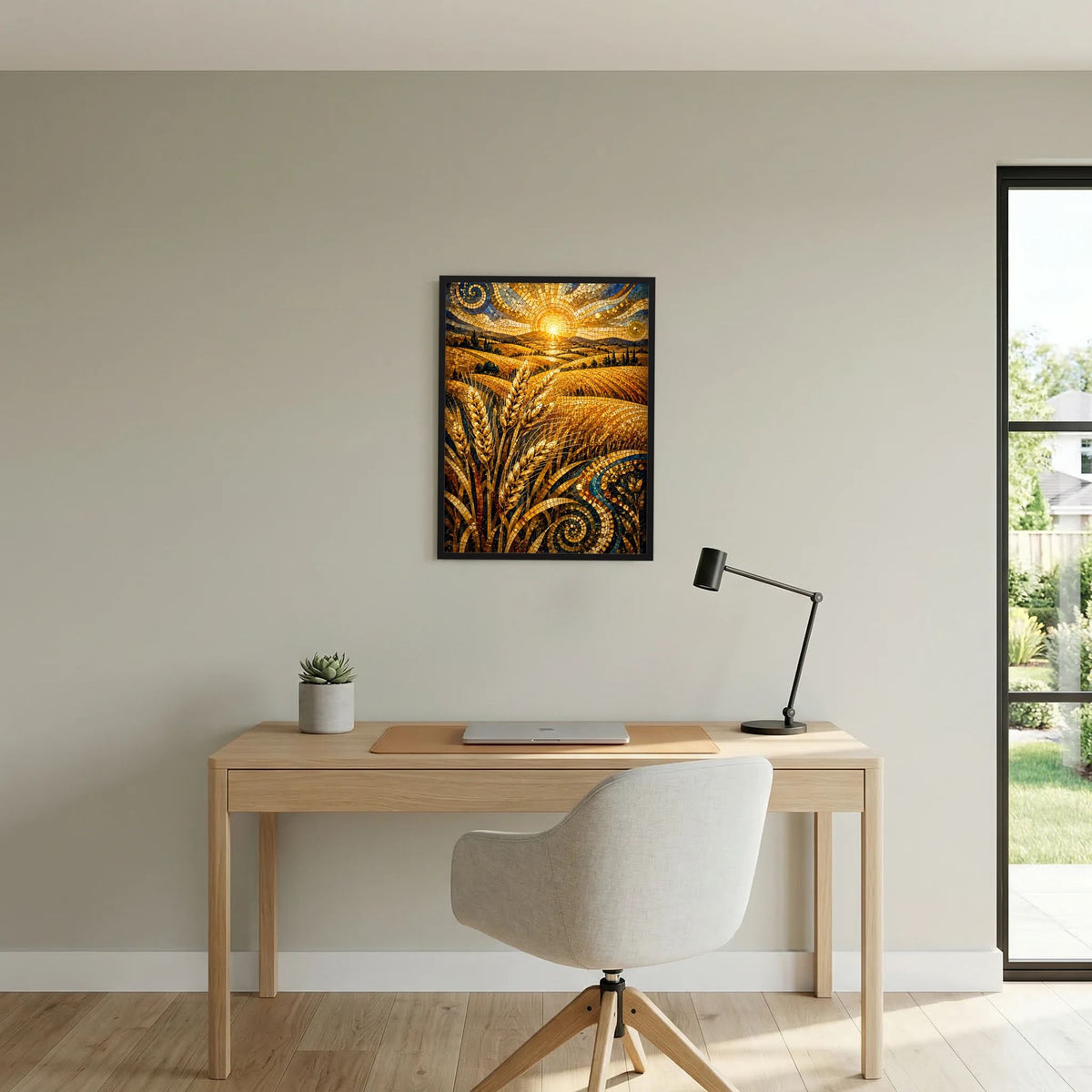 Poster im Hochformat mit goldenen Getreideähren, Spiralmustern und Sonne
