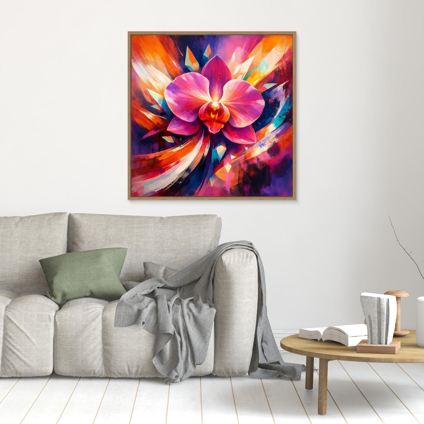 Kleines gerahmtes Leinwandbild mit abstrakter Orchidee in Pink, Lila und Orange.
