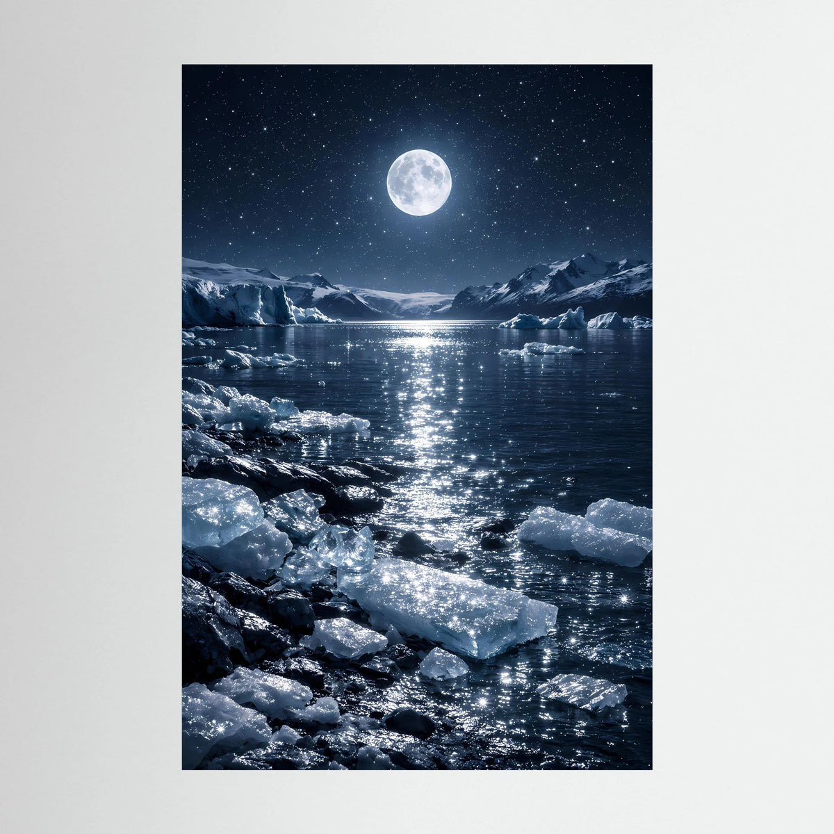 Hochformatiges Wandbild mit Vollmond über eisigem Meer und reflektierendem Wasser