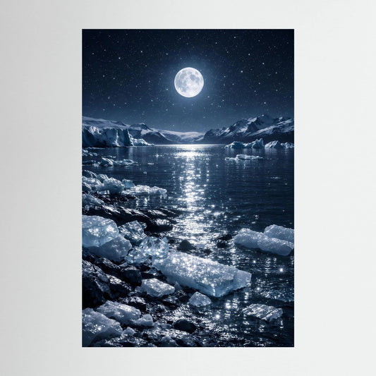Hochformatiges Wandbild mit Vollmond über eisigem Meer und reflektierendem Wasser