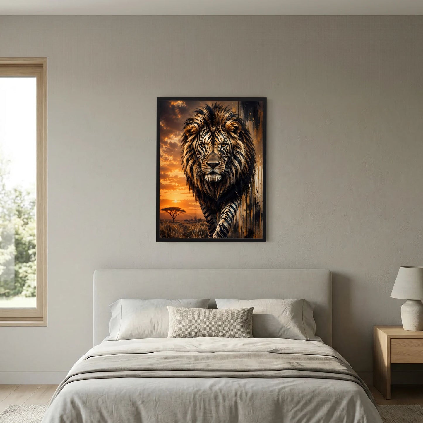 Löwen-Poster mit Zebramuster im schwarzen Rahmen, Löwe frontal vor orangefarbenem Himmel.