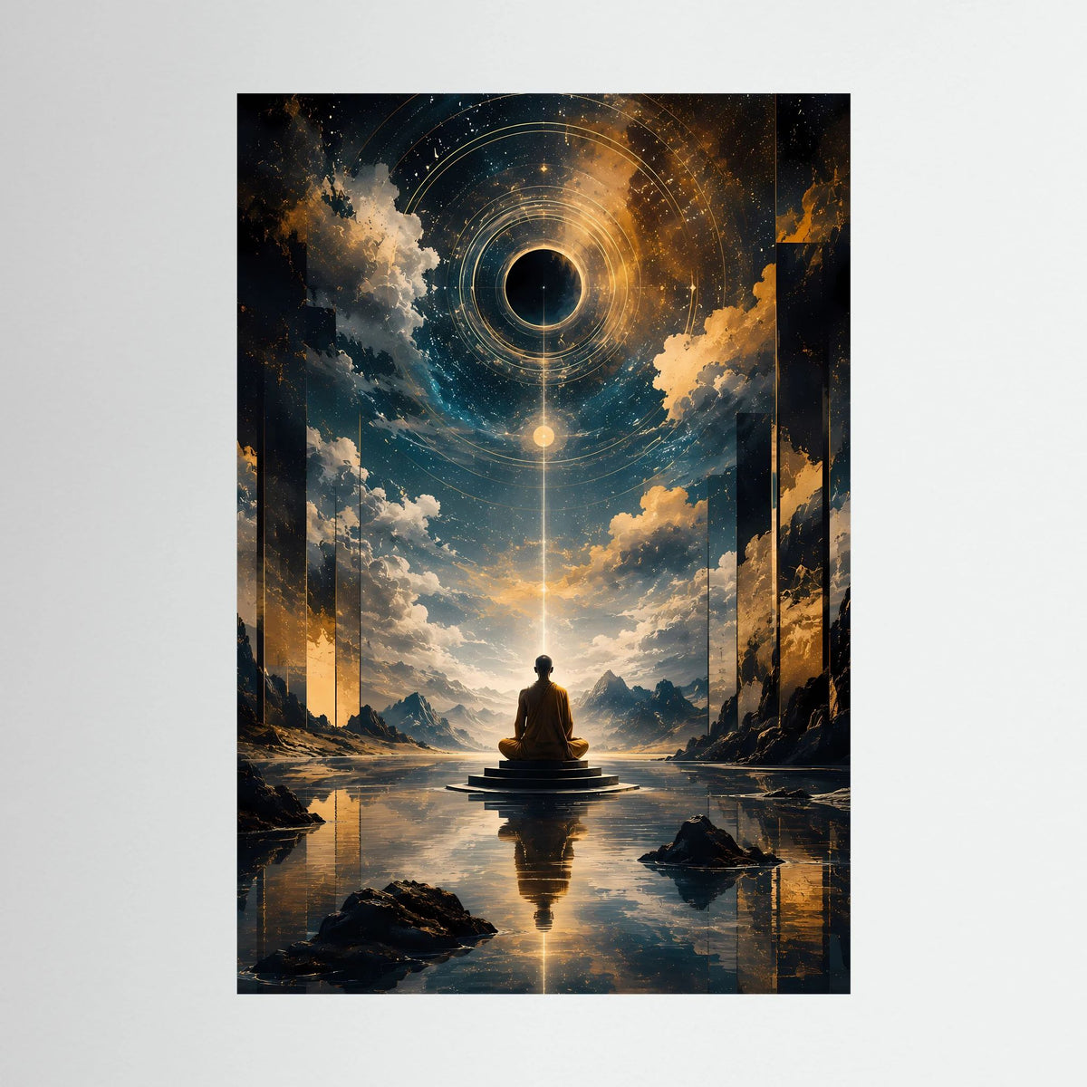 Hochformatposter: Mönch vor kosmischem Portal mit goldenen Kreisen und Wasserreflexion.
