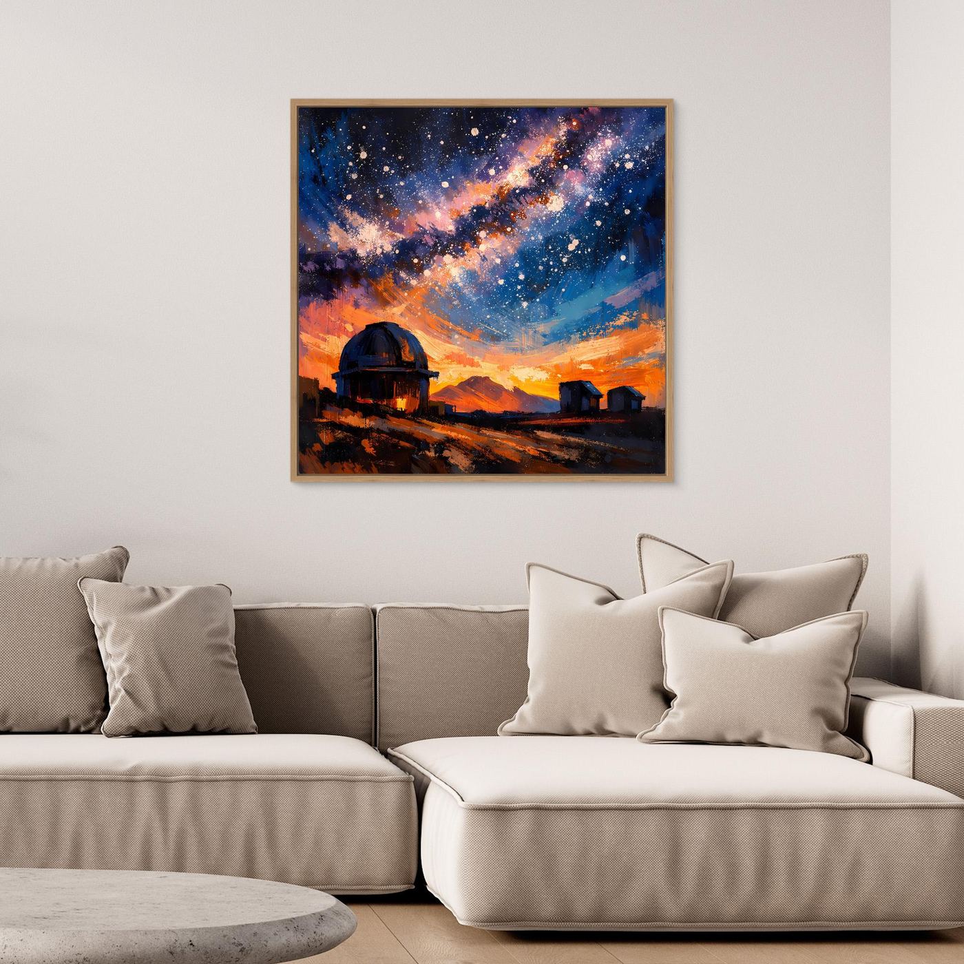 Quadratisches Leinwand-Wandbild: Sternenlinie der Milchstraße über orange-blauer Landschaft