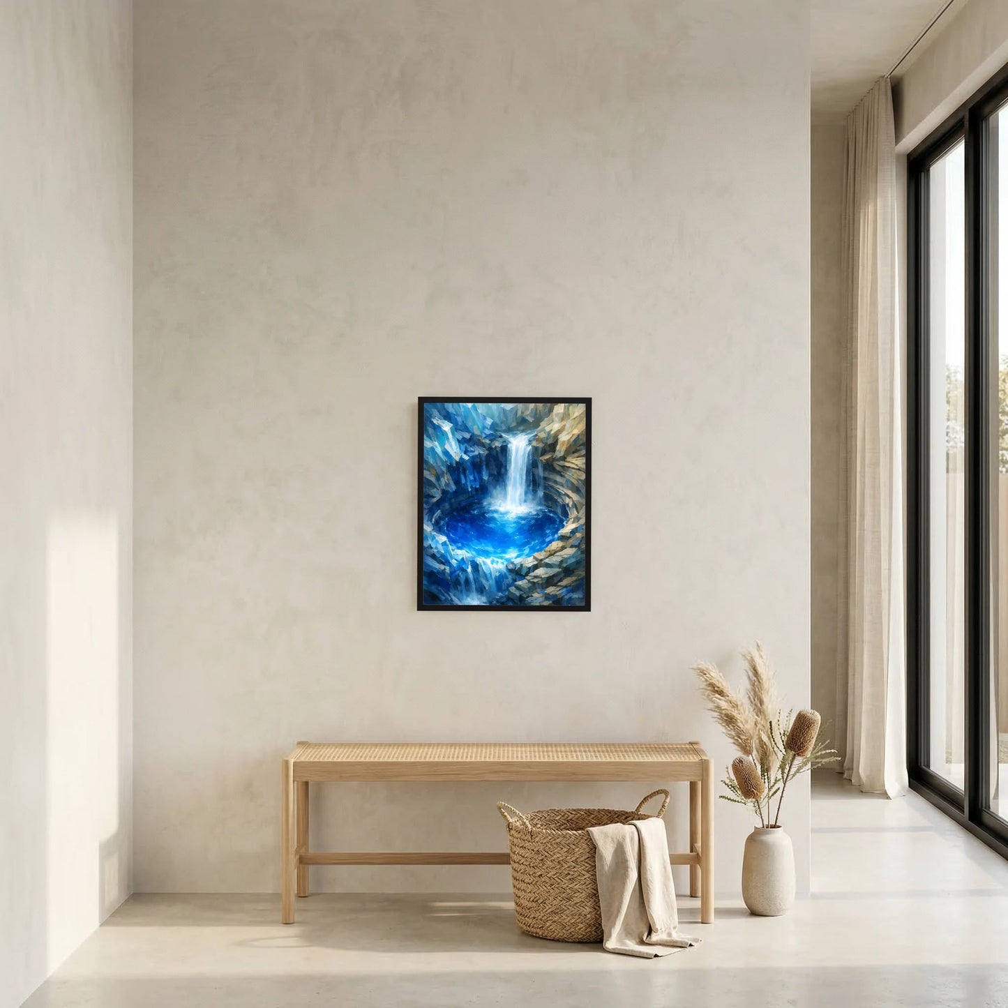 Gerahmtes Poster mit blauem Wasserfallmotiv und türkis leuchtendem Pool