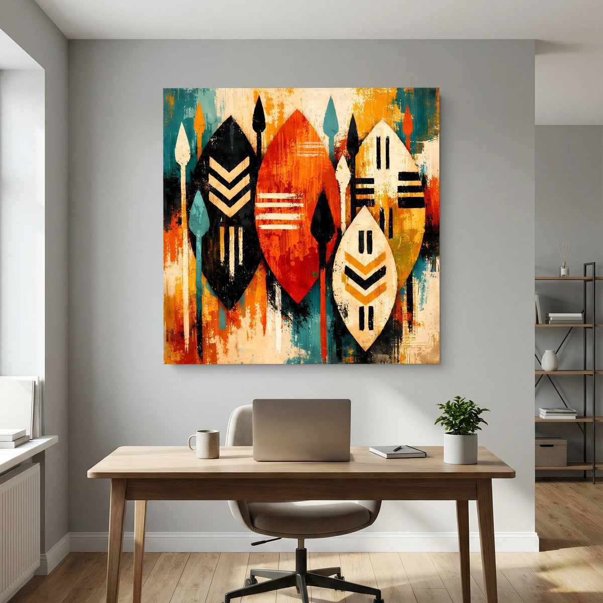 Abstraktes Wandbild mit drei stilisierten Schilden, cremefarbene und schwarze Ornamente