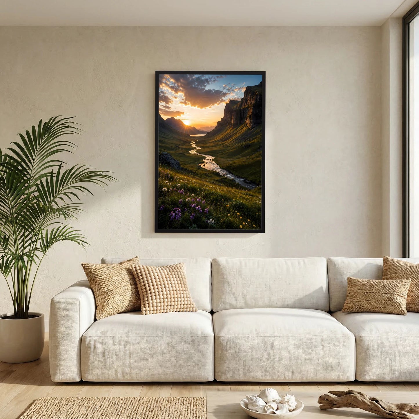 Hochformat-Poster mit schwarzem Rahmen, Landschaft mit Fluss und blühenden Wiesen bei Sonnenuntergang