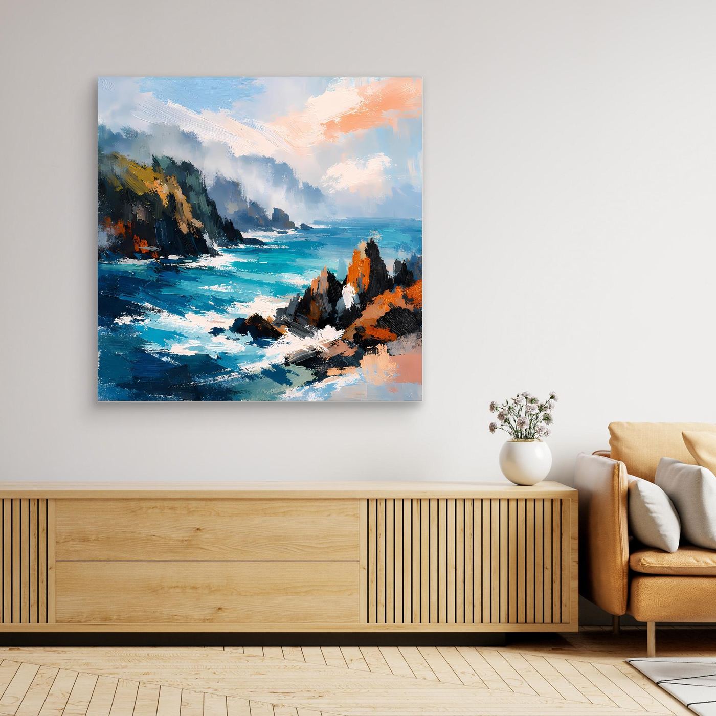 Abstraktes Leinwand-Wandbild mit Klippen und Meer in Blau und Orange, ohne sichtbaren Rahmen