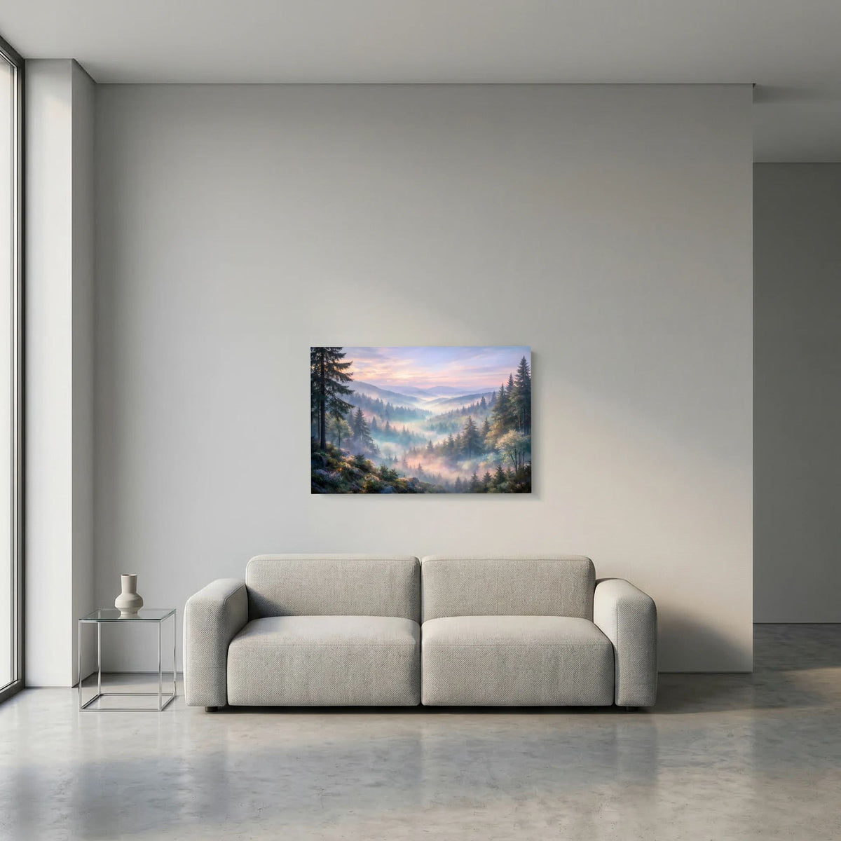 Kleines Wandposter im Querformat mit Berglandschaft im Nebeltal und Nadelwald
