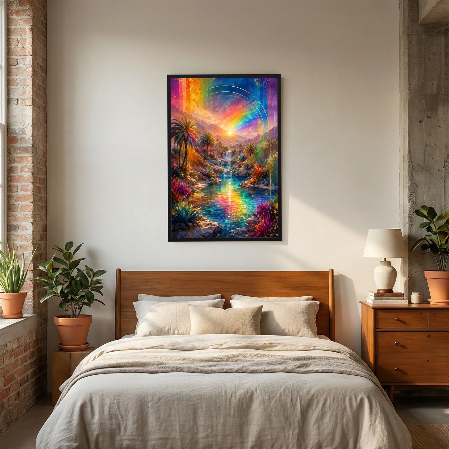 Hochformat-Poster mit Regenbogen, Palmen und Wasserfall, schwarzer Rahmen