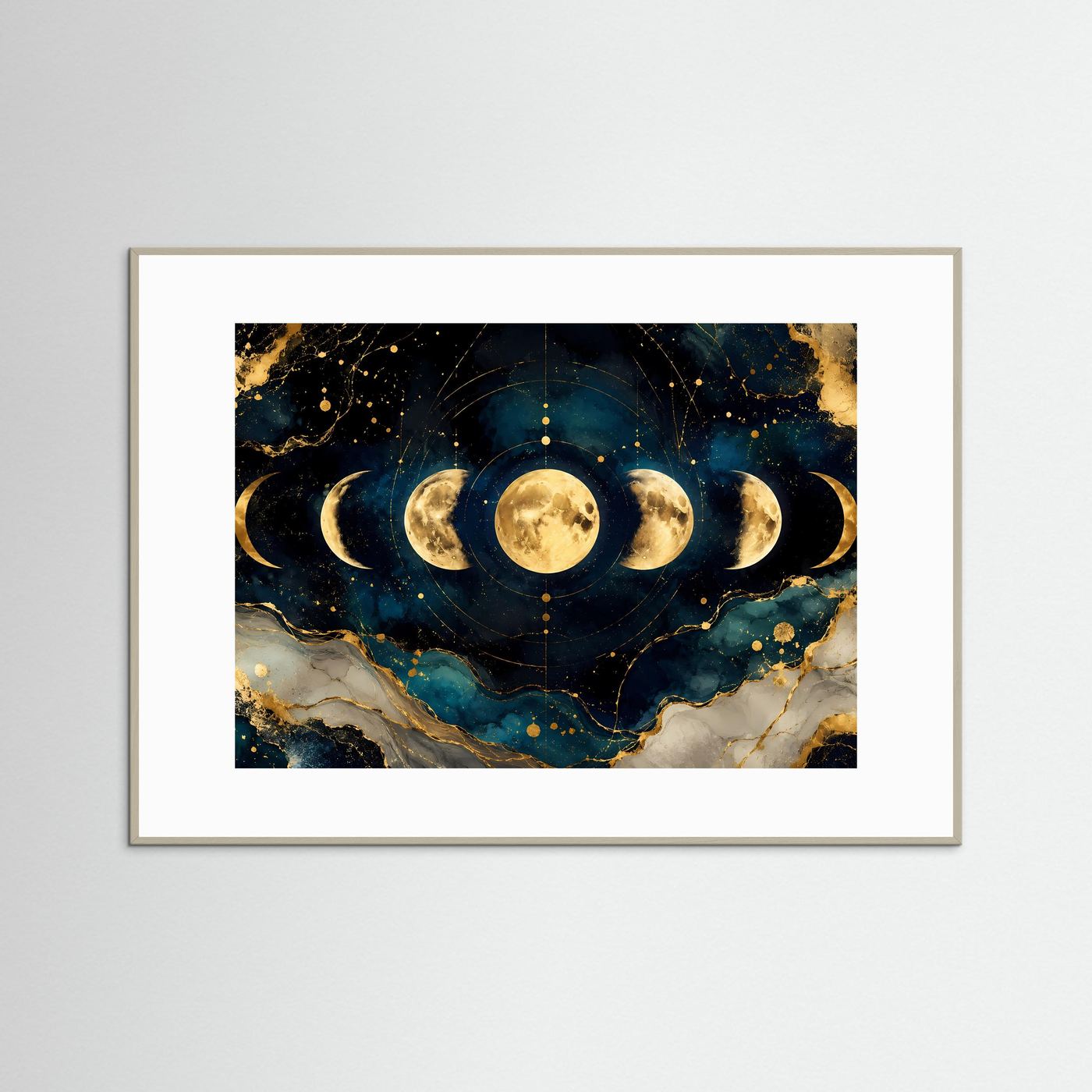 Mondphasen im Kosmos mit Gold | Spirituelles Universum & Astrologie Poster im Querformat