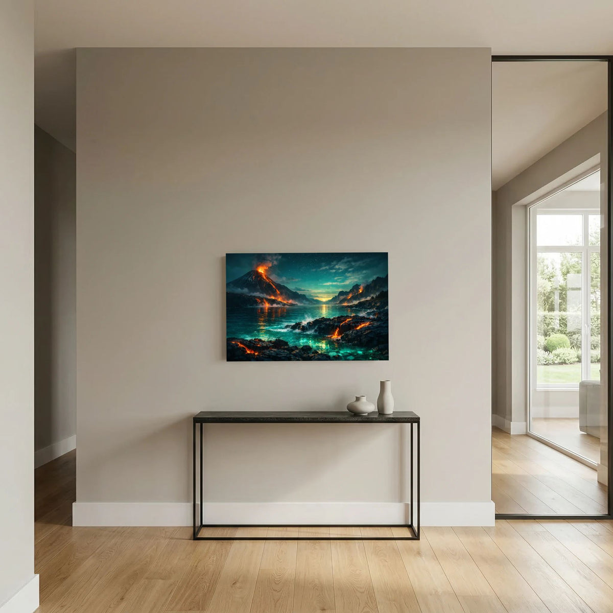 Kleines Querformat-Wandbild mit Vulkanszene am Meer, glühende Lava und Sonnenhimmel