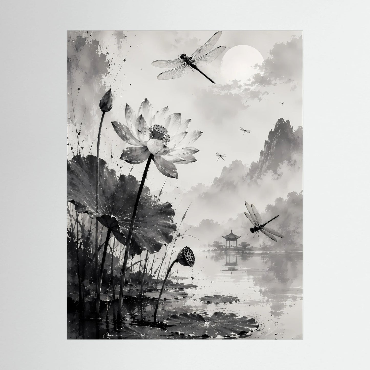Poster-Motiv mit Lotusblüten und Libellen in Schwarzweiß