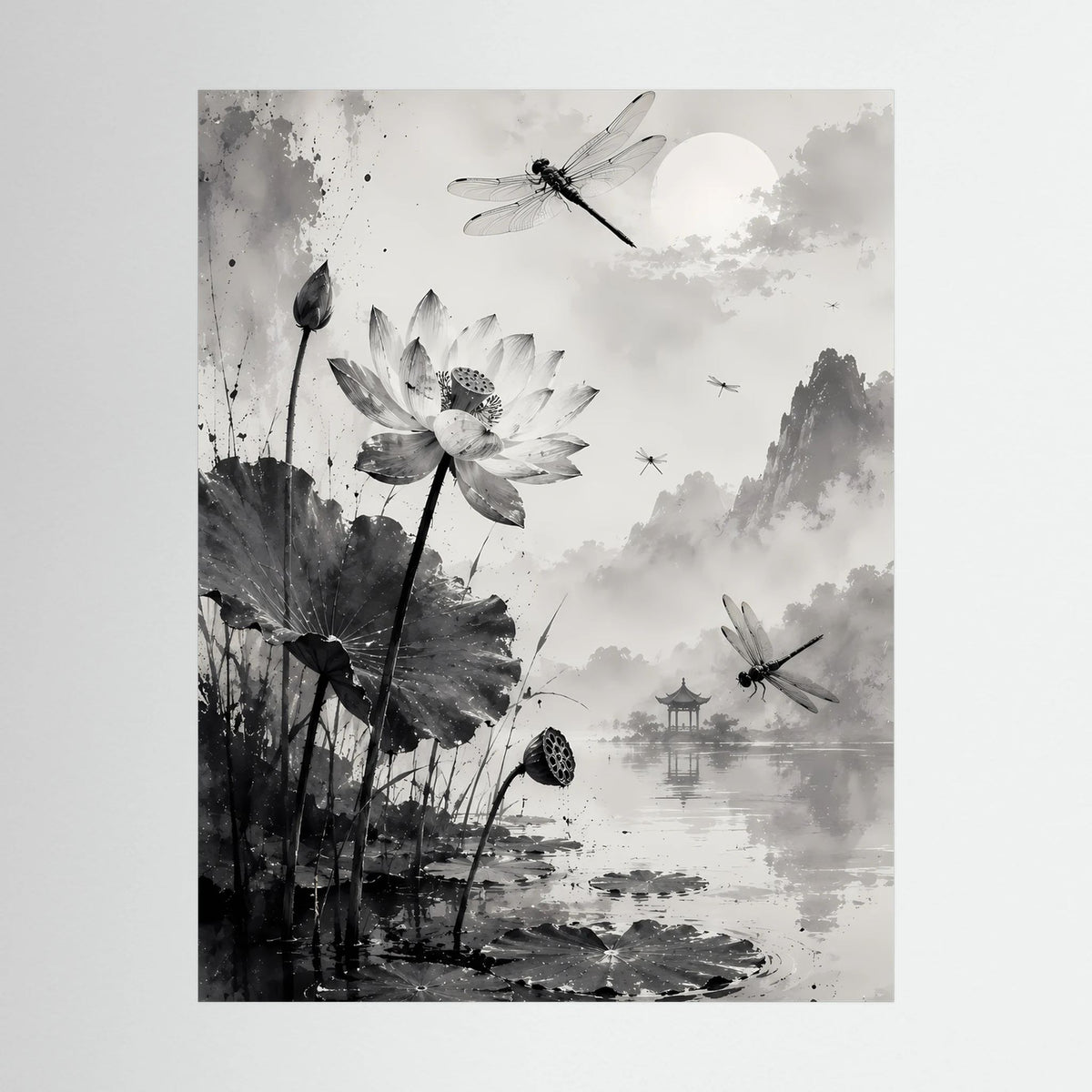 Poster-Motiv mit Lotusblüten und Libellen in Schwarzweiß