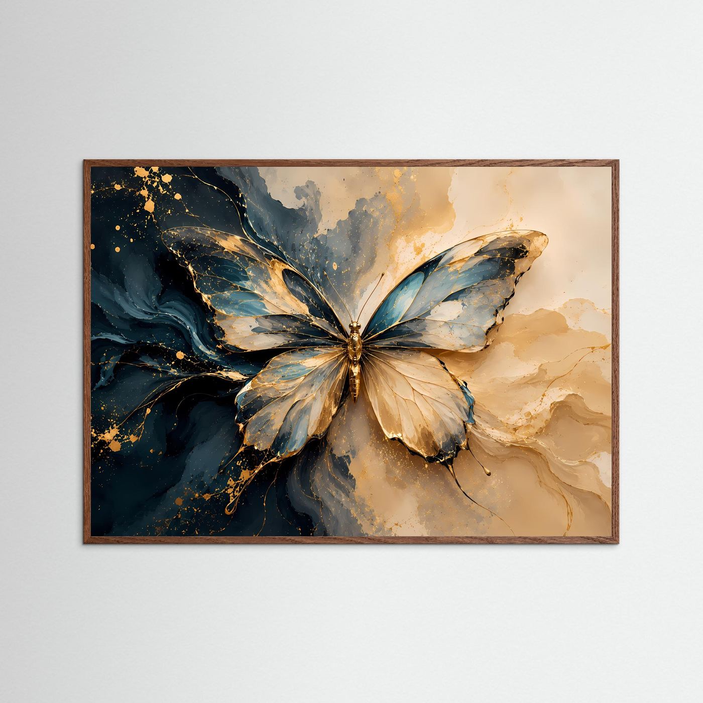 Eleganter Schmetterling in Blau & Gold | Abstrakte Kunst in Creme & Petrol