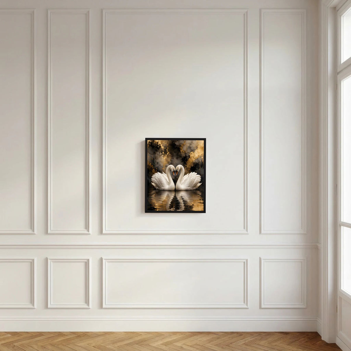 Gerahmtes Kunstposter mit zwei weißen Schwänen auf Wasser, Goldsprenkel im Hintergrund