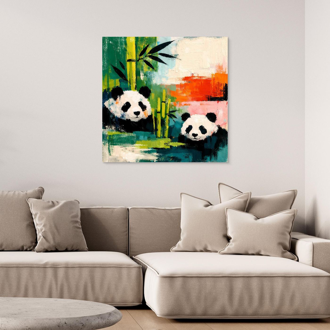 Abstract panda wall art with two pandas in bamboo, borderless print.
