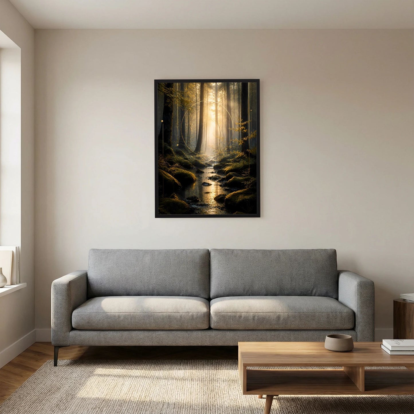 Hochformat-Poster mit Waldpfad, Bach und Lichtschimmer, schwarzer Rahmen