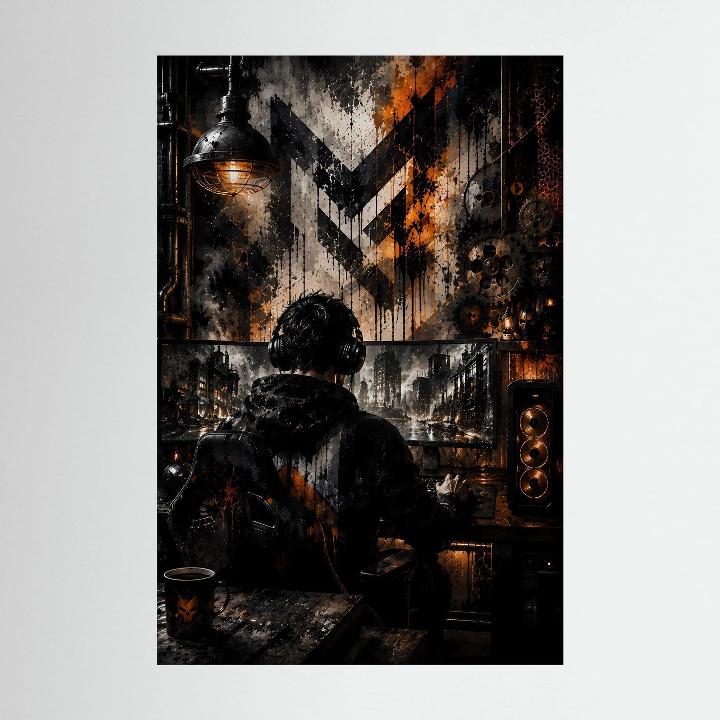 Gamer am PC in Schwarz & Orange | Industrial Gaming Art | Poster Hochformat
