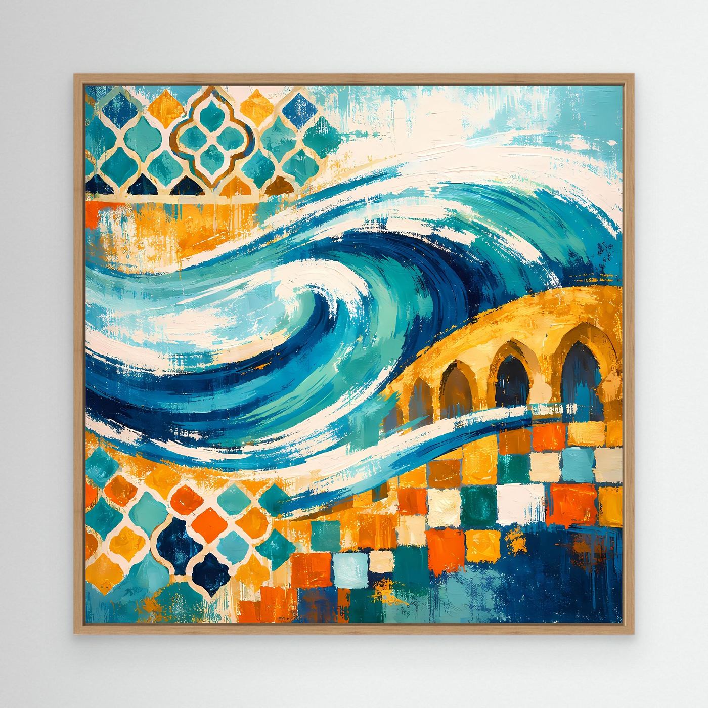 Leinwand-Wandbild mit Eichenrahmen, Mosaik-Ornament und türkisfarbenen Wellen