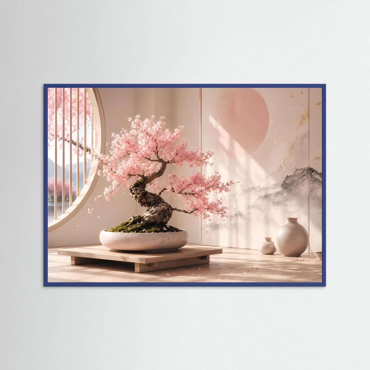 Querformat-Poster mit Kirschblüten-Bonsai im blauem Rahmen, rosa Blüten, Vasen.