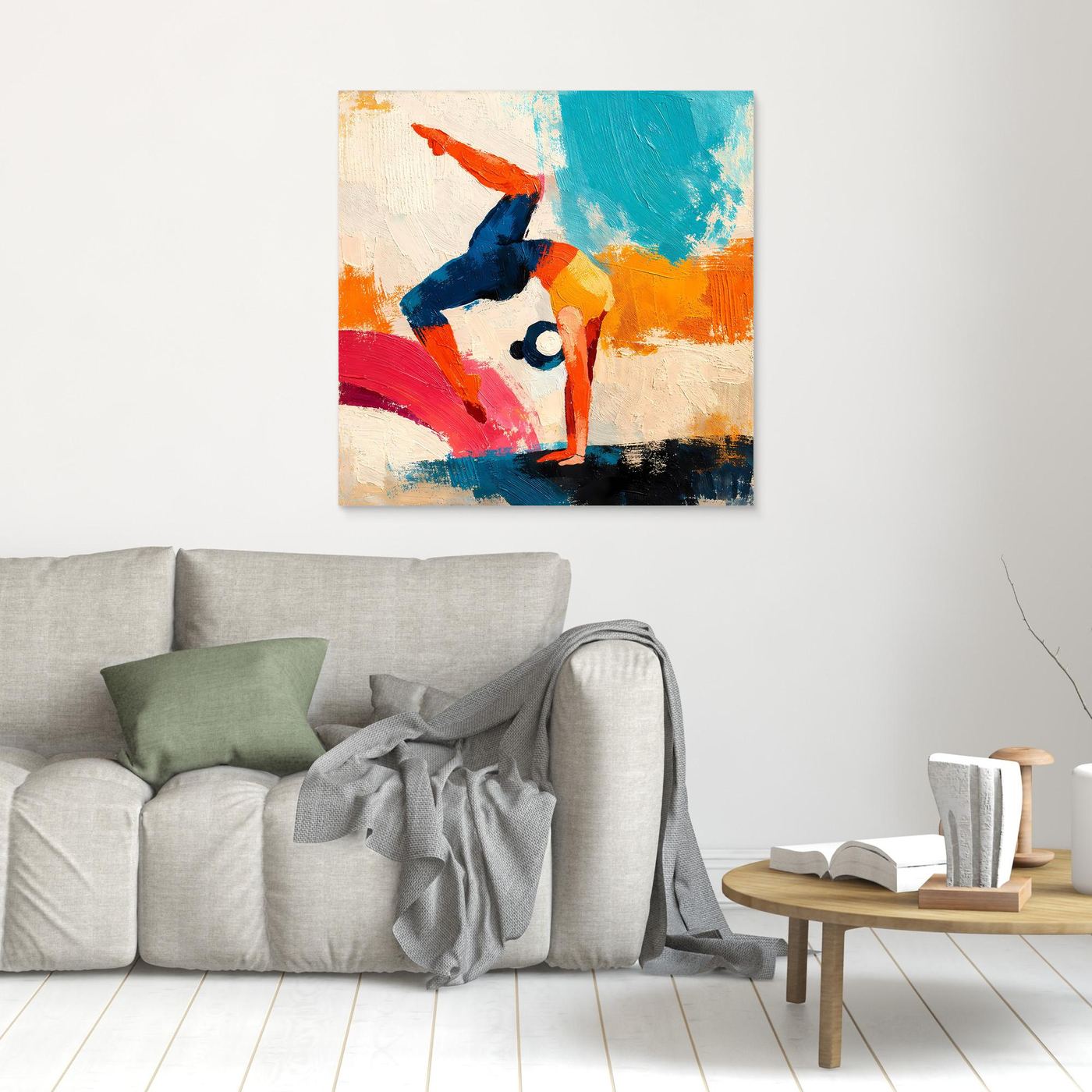 Handstand gymnast canvas print with thin border, colorful abstract figure