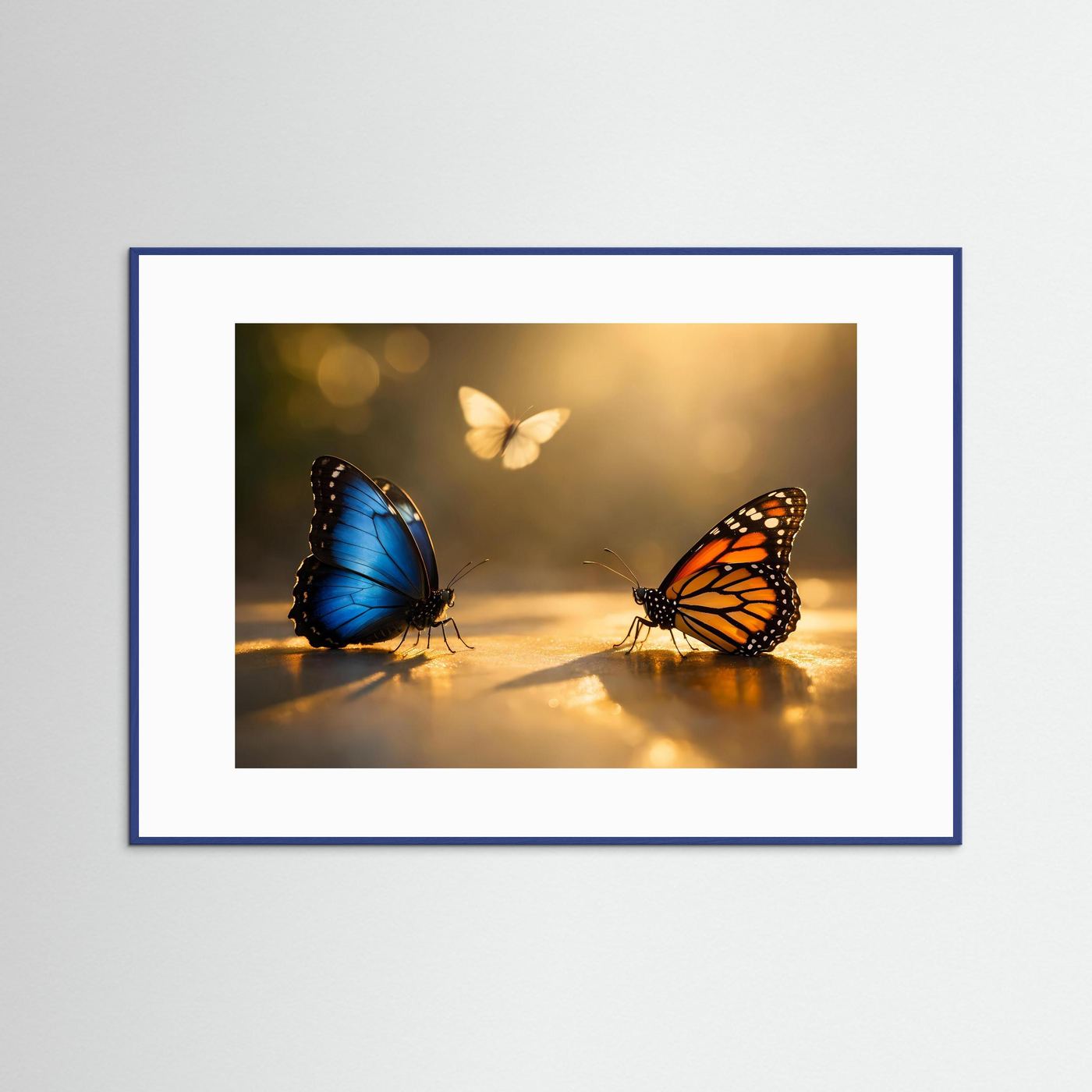 Poster mit Schmetterlingen, blau und orange, Querformat, blauer Rahmen