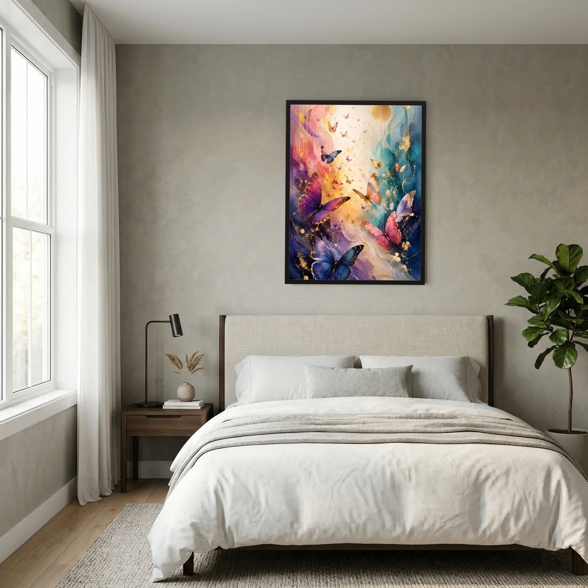 Quadratisches gerahmtes Poster: Schmetterlinge in Blau, Rosa und Violett mit goldenen Flecken
