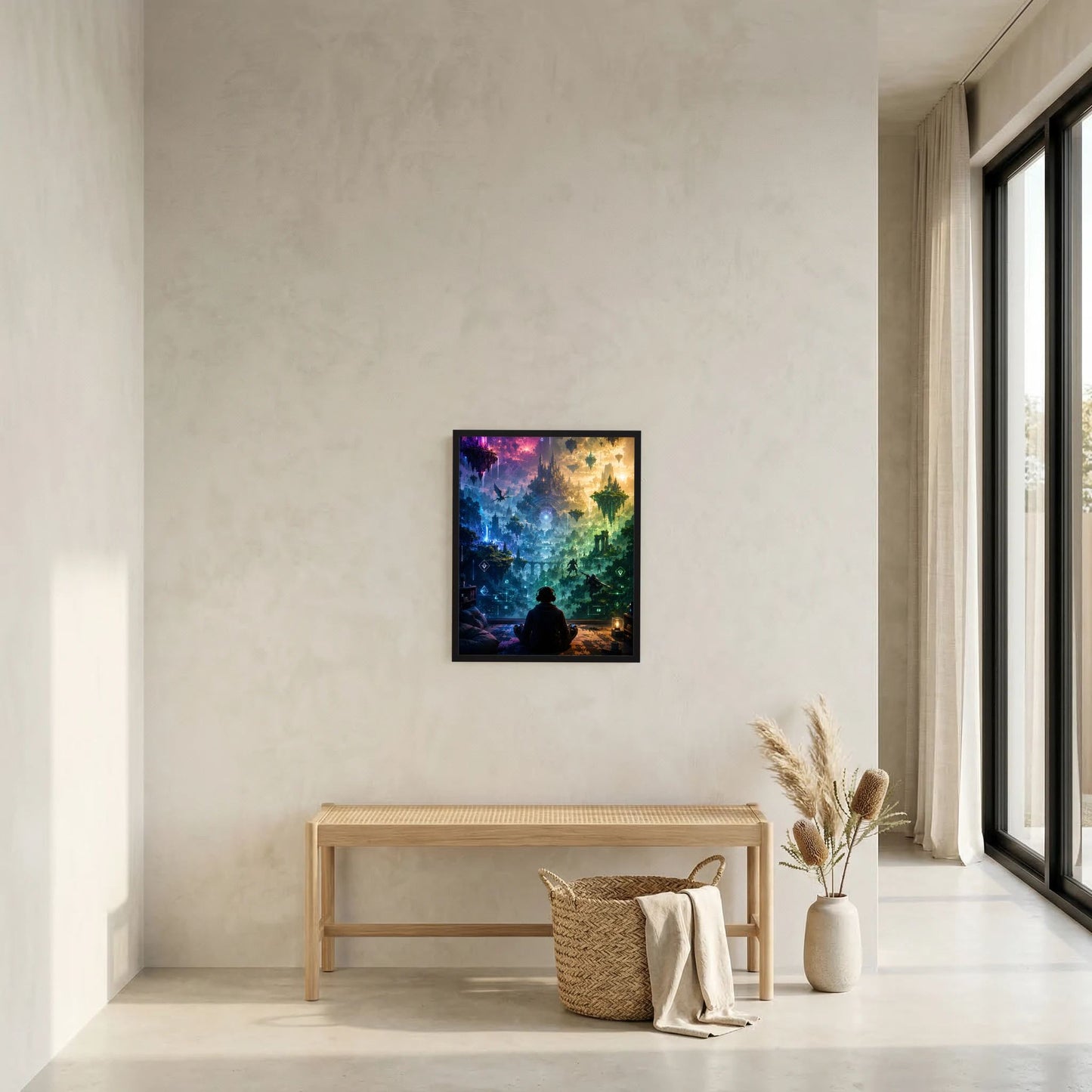 Hochformat-Kunstposter im schwarzen Rahmen an der Wand, mehrfarbige Fantasy-Gaming-Szene