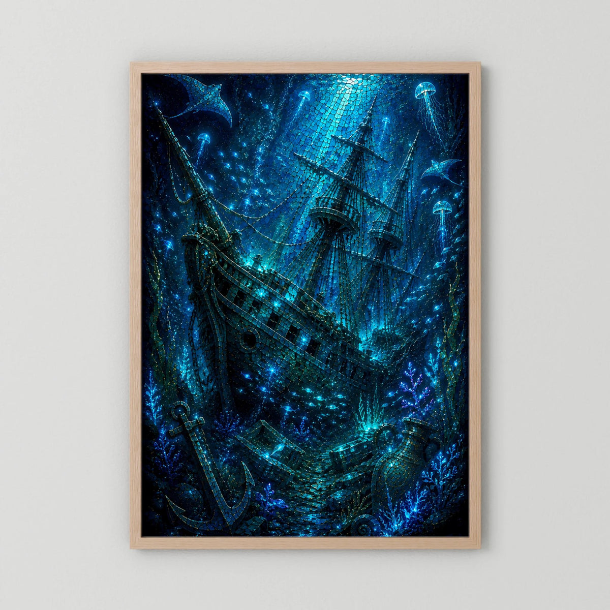 Kunstposter mit Unterwasser-Schiffsmotiv, Holzrahmen natur, Hochformat