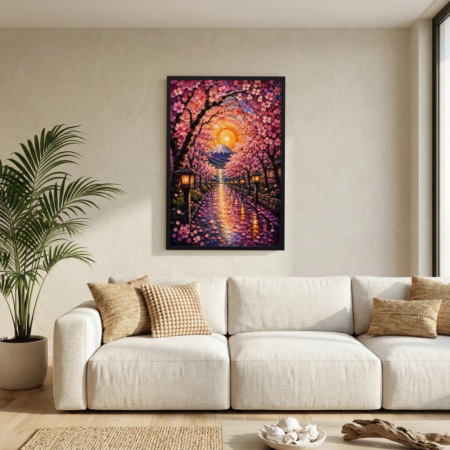 Kirschblütenweg zum Fuji | Japanisches Mosaik mit Sakura & Laternen | Poster Hochformat