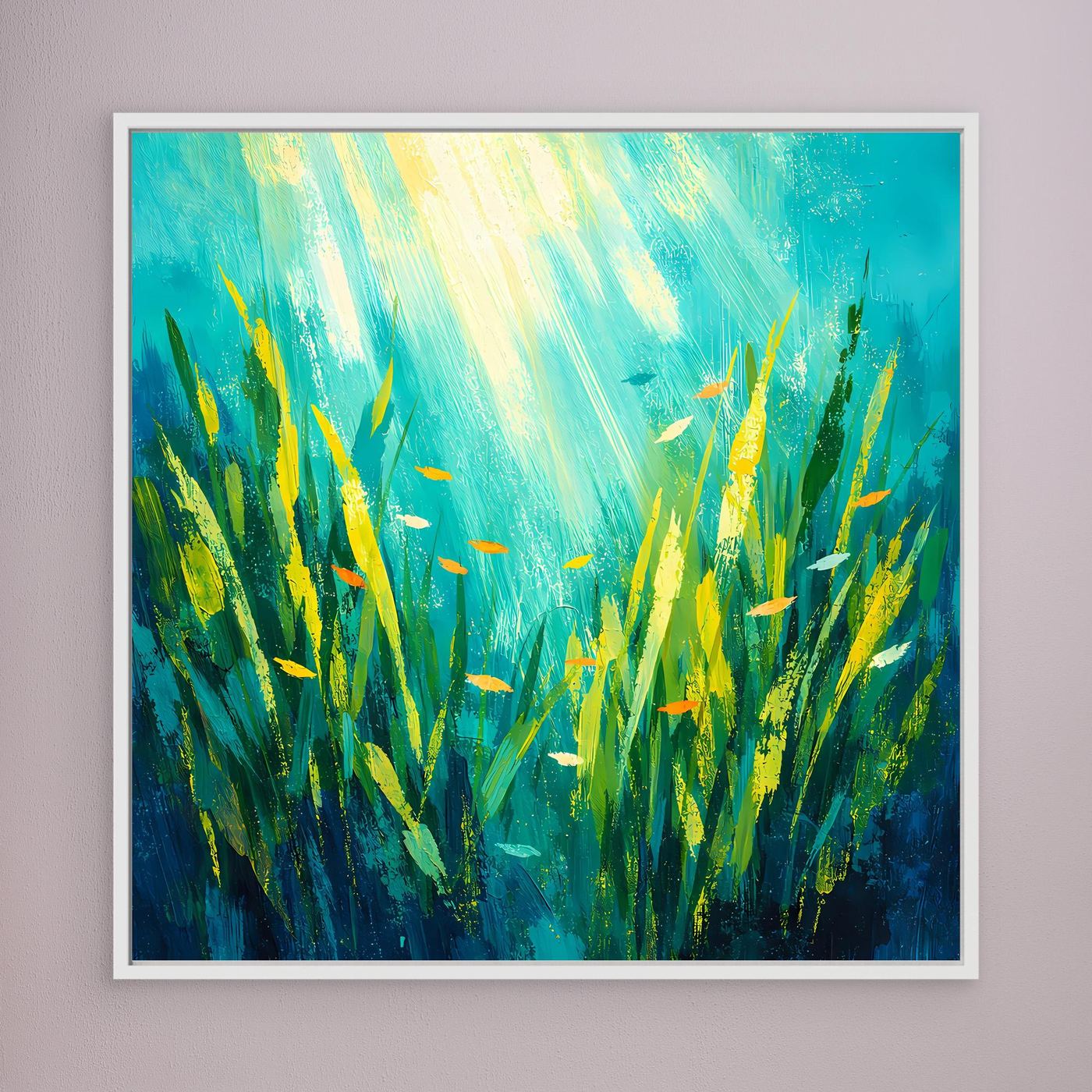 Leinwand Lichtdurchfluteter Algenwald unter Wasser | Abstraktes Ozean Wandbild