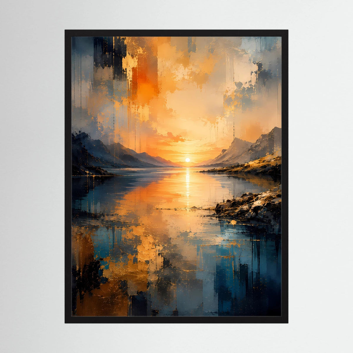 Gerahmtes Poster (Hochformat): abstrakte Berglandschaft am See, Sonnenuntergang blau/orange