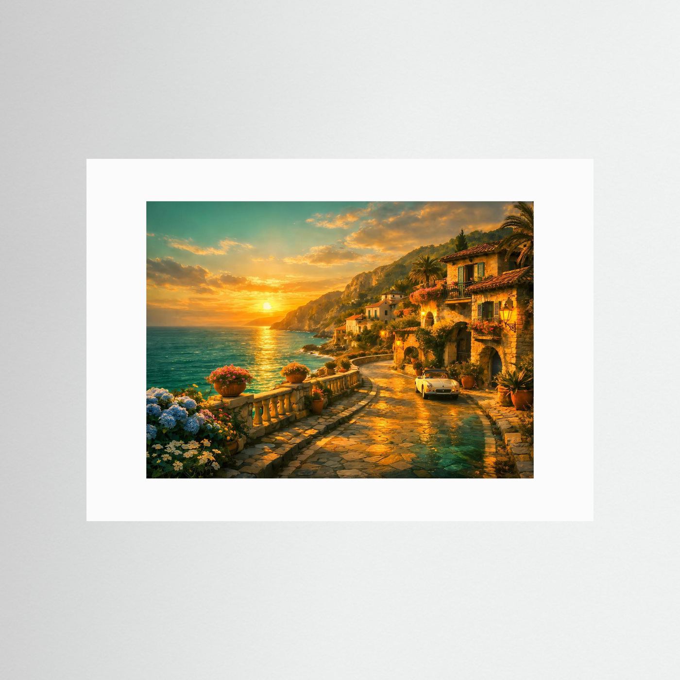 Mediterranes Küstenpanorama-Poster mit Sonnenuntergang und weißem Passepartout